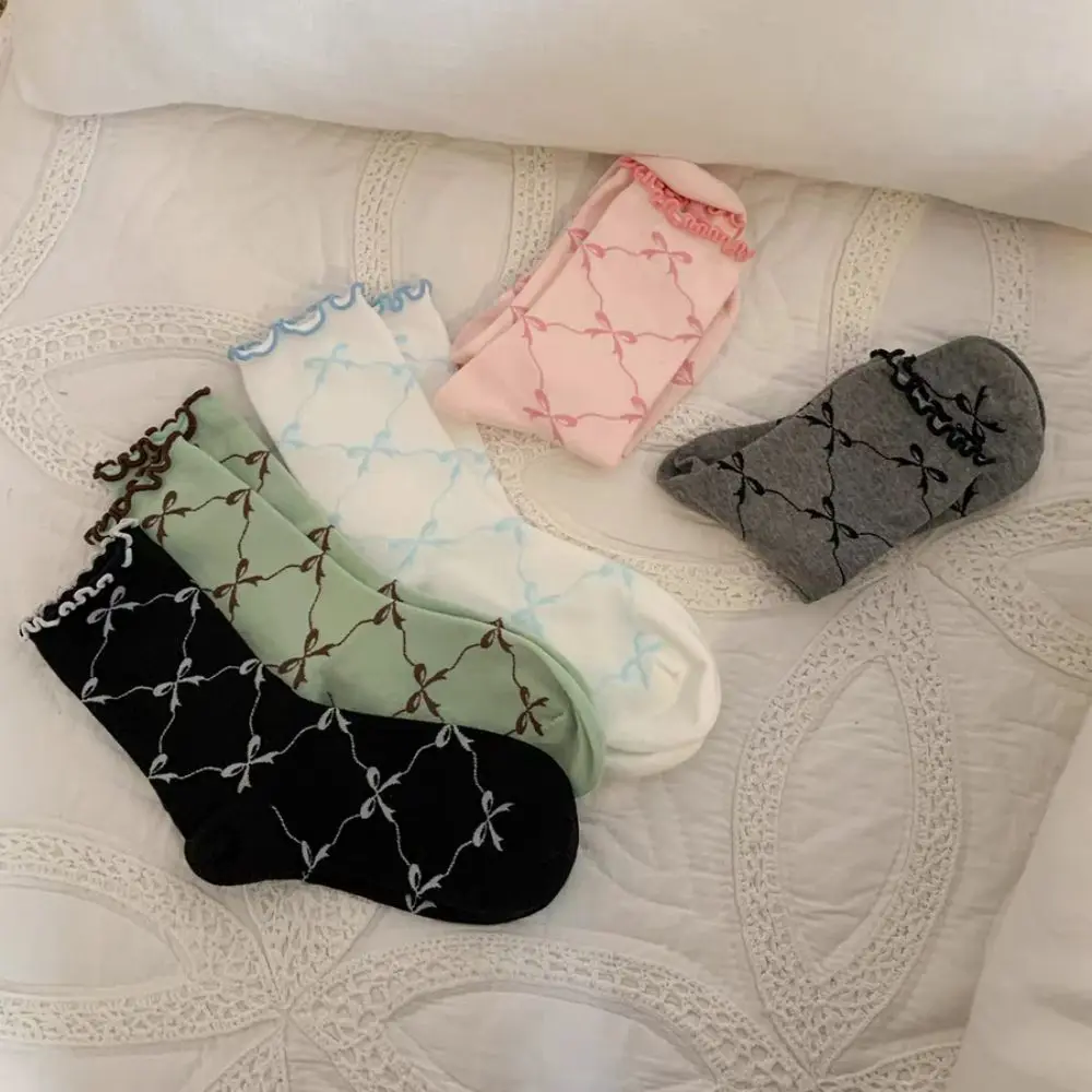 

5Pairs Cute Thin Cotton Ruffle Bow Socks Ins Style Breathable Mid Tube Socks Female Hosiery Lolita Sweet Socks Women Lady