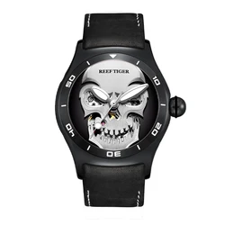 Reef Tiger/RT Skull Skeleton Automatic Mechanical Watch For Men Black Steel Top Brand Luxury Sport Male Leather Watches RGA70S7