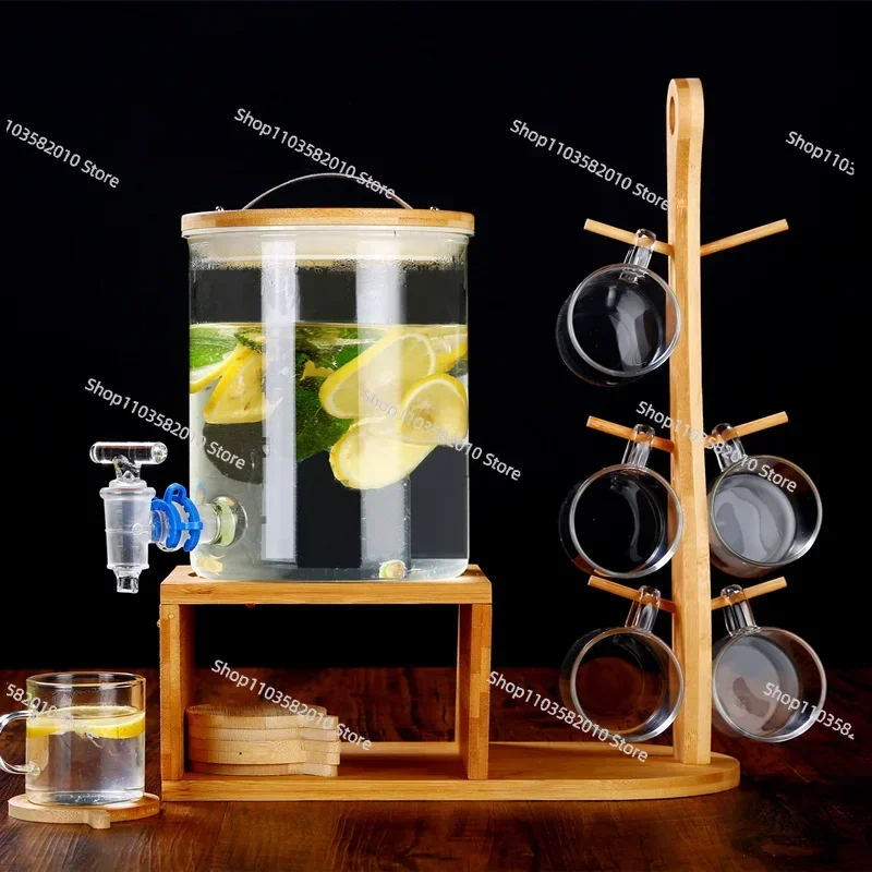 High Borosilicate Glass Cold Water Pitcher with Tap, Large Capacity Beverage Dispenser with 2 Wood Cups