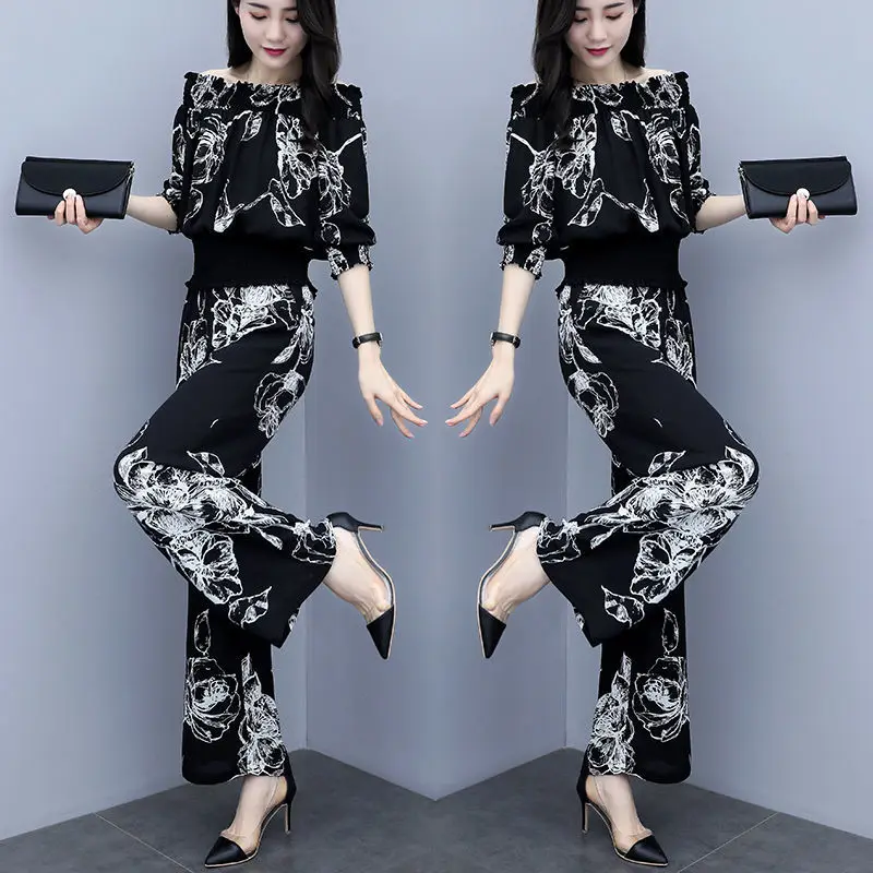 Fashion Chiffon Suit Women For Summer 2024 New Pantsuits Slash Neck Slim Print Top & Wide Leg Pants 2 Piece Sets Outfits Costume