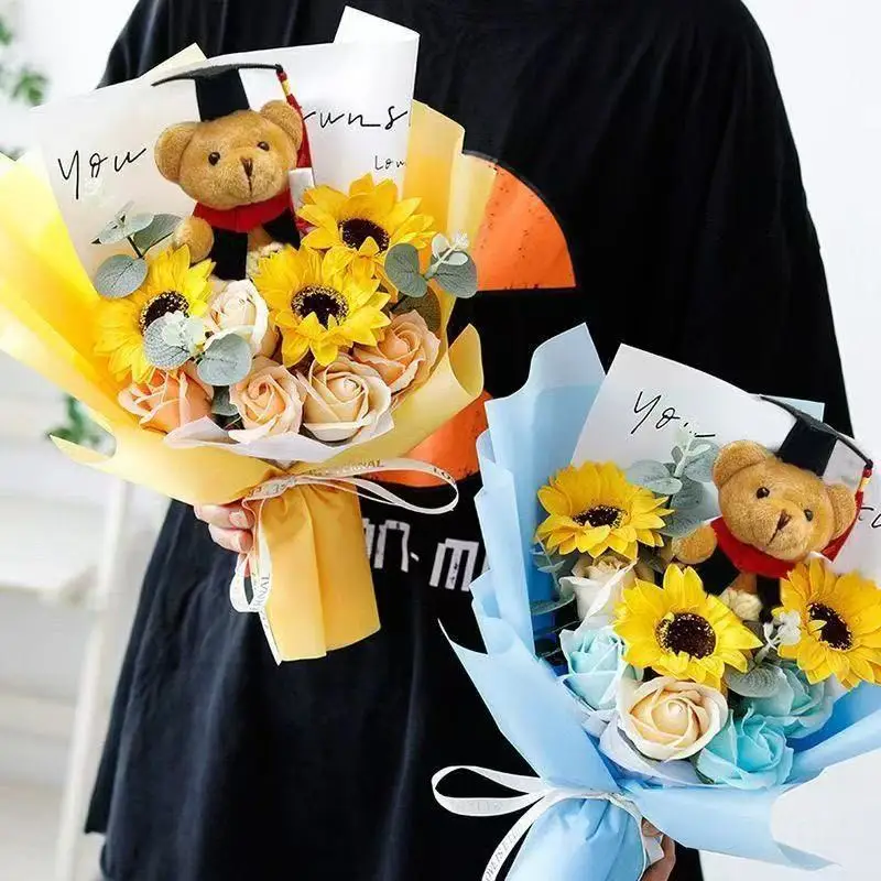 Graduate Bear Plush Bouquet Toy With Hand-Knitted Sunflower Kawaii Funny   Valentine\'s Day Xmas Girl Graduation Gift
