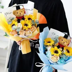 Graduate Bear Plush Bouquet Toy With Hand-Knitted Sunflower Kawaii Funny Valentine's Day Xmas Girl Graduation Gift