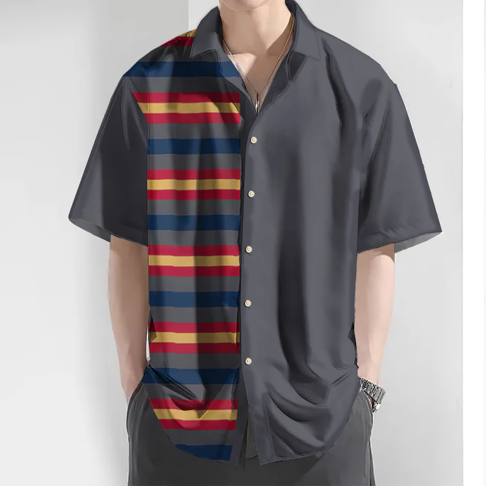 2024 3d Striped Print Men\'s Shirt Summer Casual Short Sleeve Tops Loose Oversized Hawaiian Shirts For Men Quick Dry Man Clothing