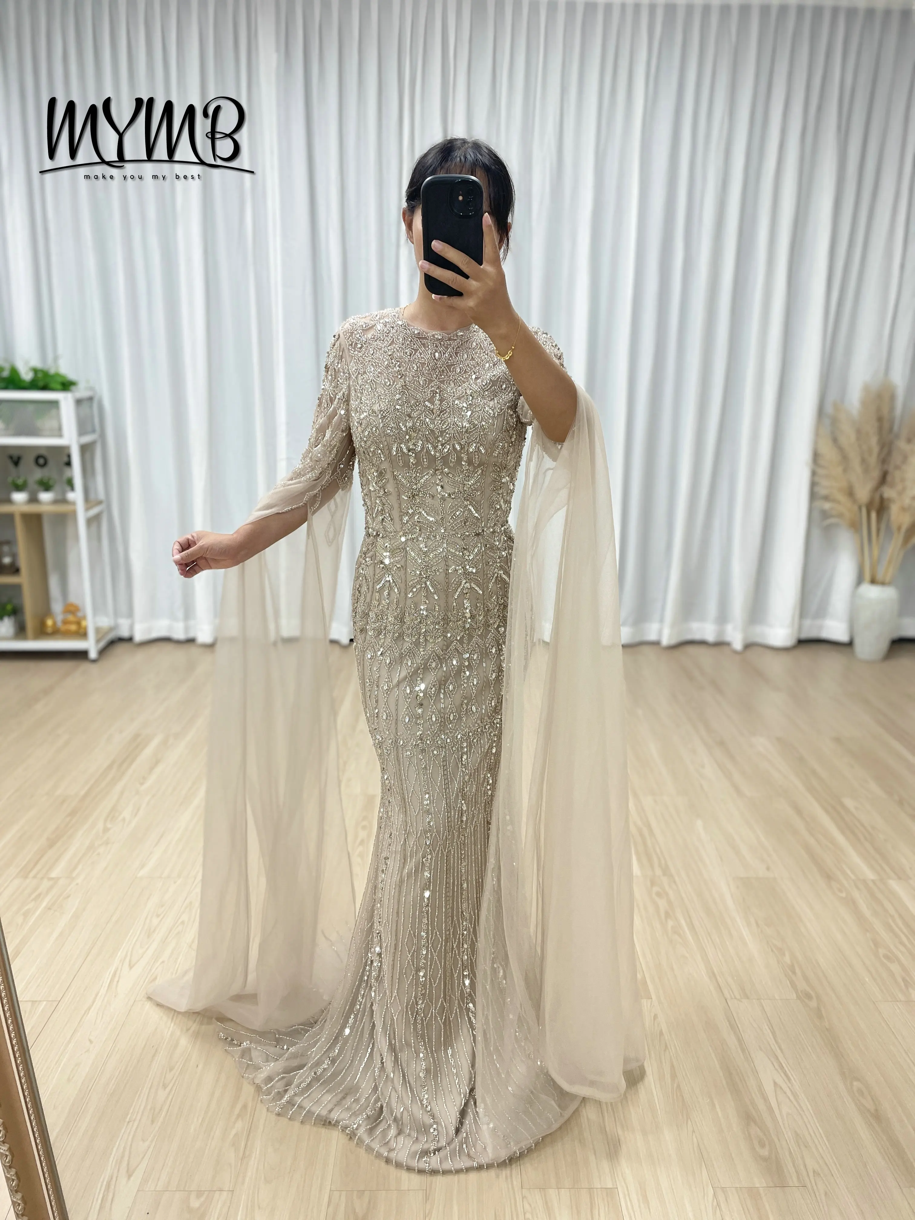 MYMB Luxe Formele Dubai Zeemeermin Arabische Elegante Avondjurk voor Vrouwen Blauwe Cape Mouwen Kralen Lang voor Bruiloft MC20103