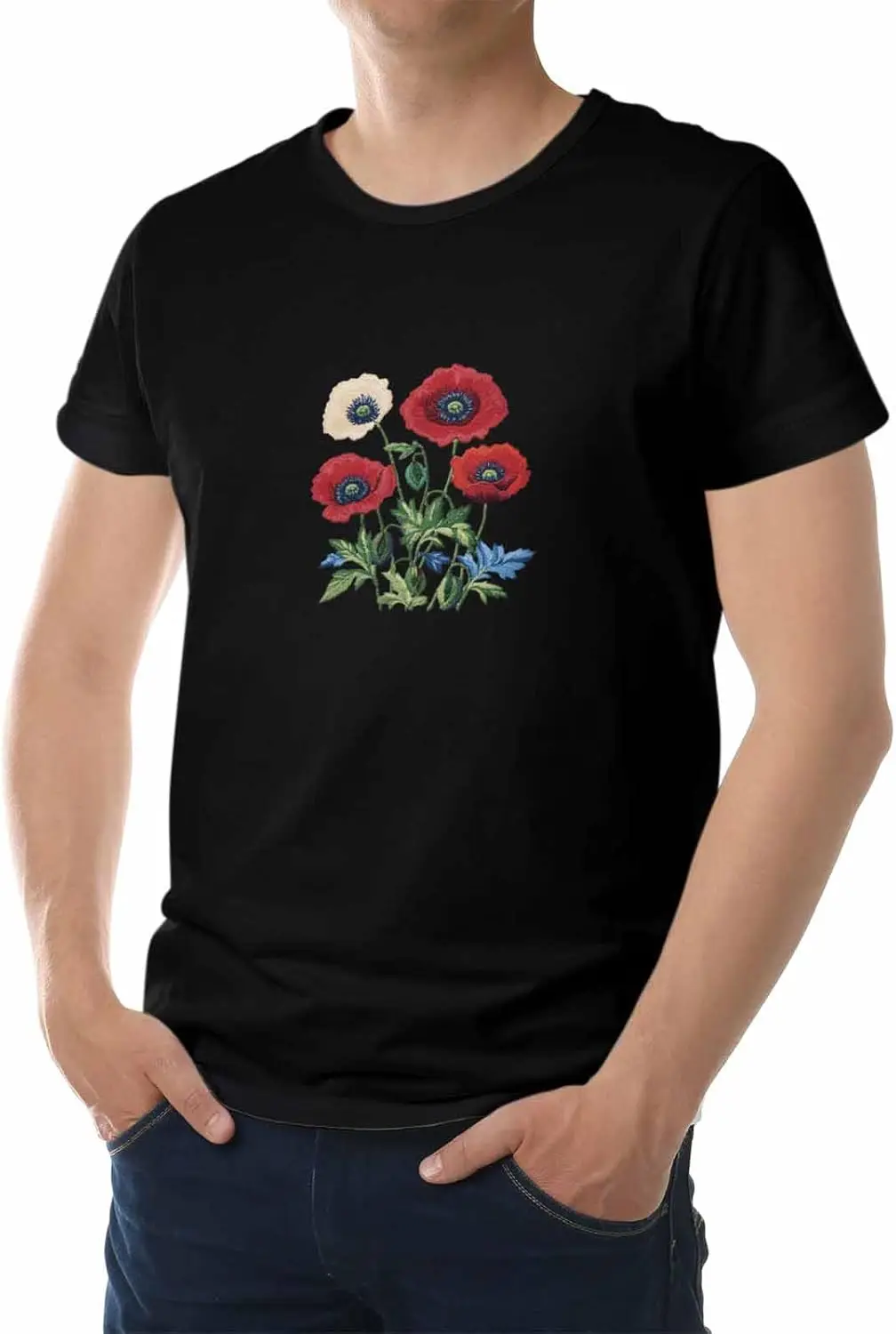 Men's T-Shirt, Novelty Graphic T-Shirt Beautiful Poppy Embroidery Flower Cotton Crew Neck Men's Short