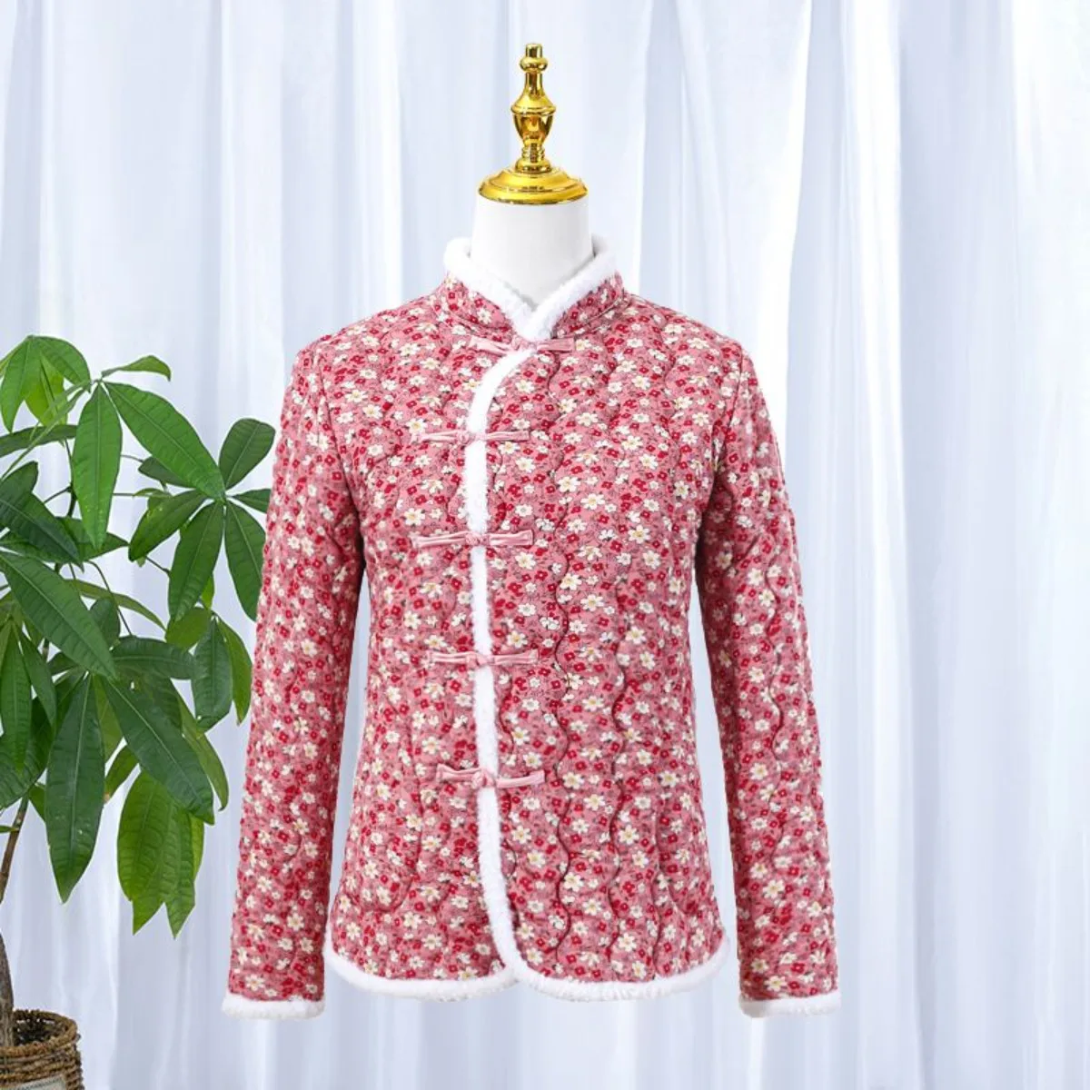 

Plus Size Women‘s Cheongsam Button Fleece Jacket Chinese New Year Floral Print Coat | Slim Fit Dongbei Style Winter Coat