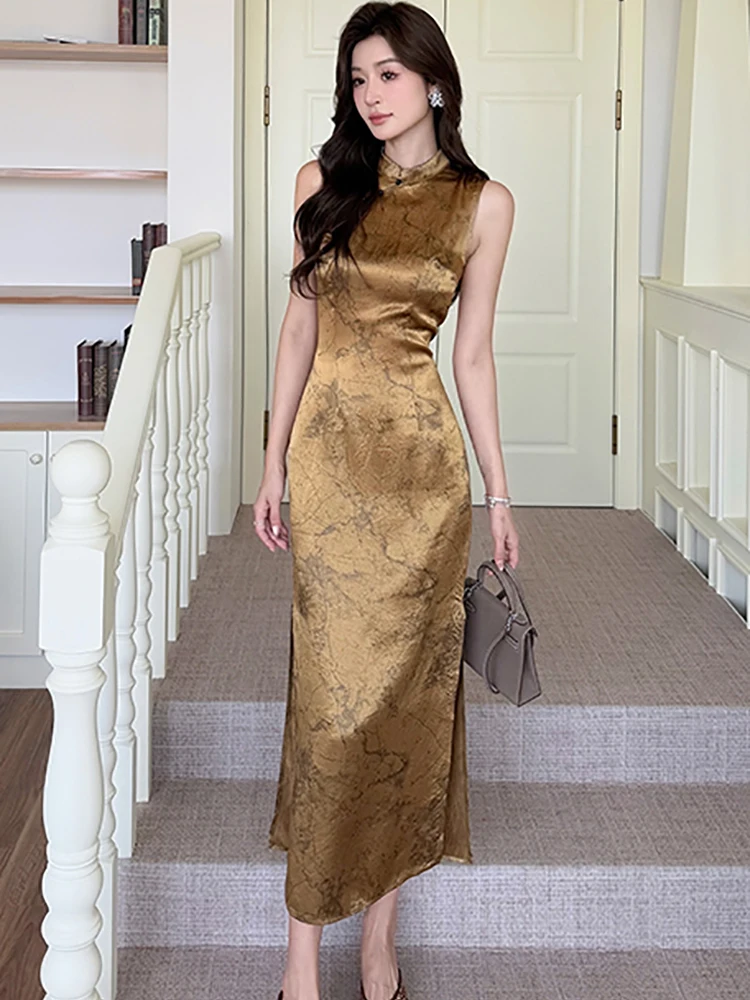2025 Nuovo abito lungo senza maniche chic con stampa in raso di acetato Abito da sera coreano vintage di lusso da donna Abiti eleganti aderenti estivi