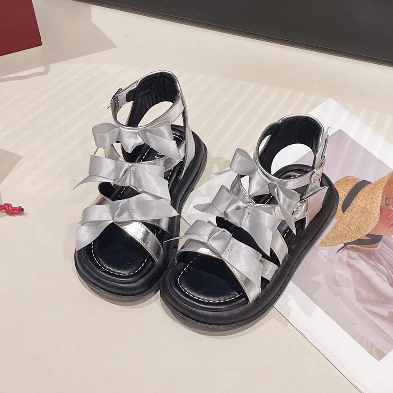 

Girls Elegant Open-toe Sandals New Summer Children Princess Hollow-out Roman Sandals Fashion Bowknot Kids Causal School Sandals