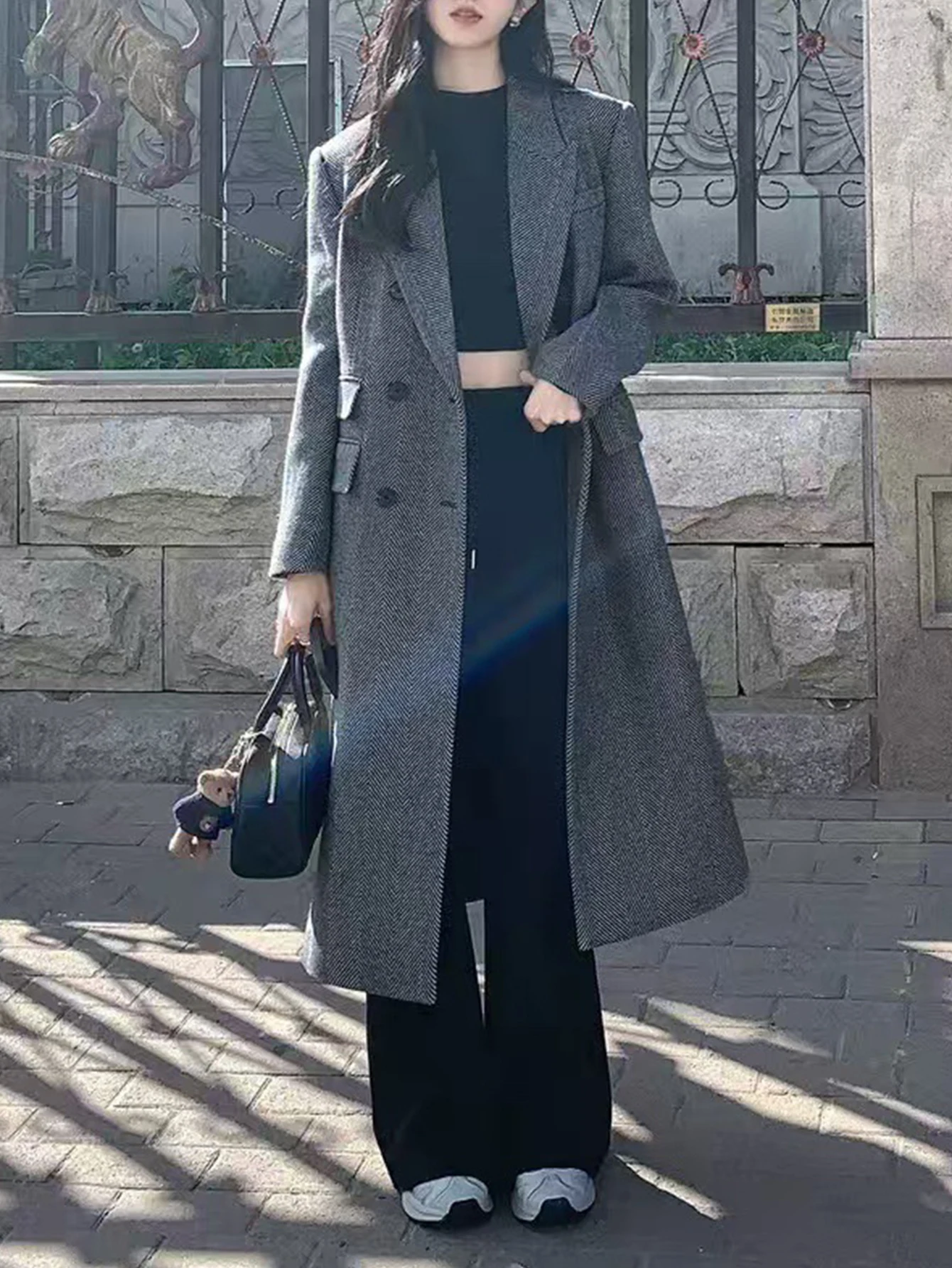 

Women's K-Fashion Double Breasted Trench Coat Autumn Solid Color Long Sleeve Lapel Long Coat Decent Style