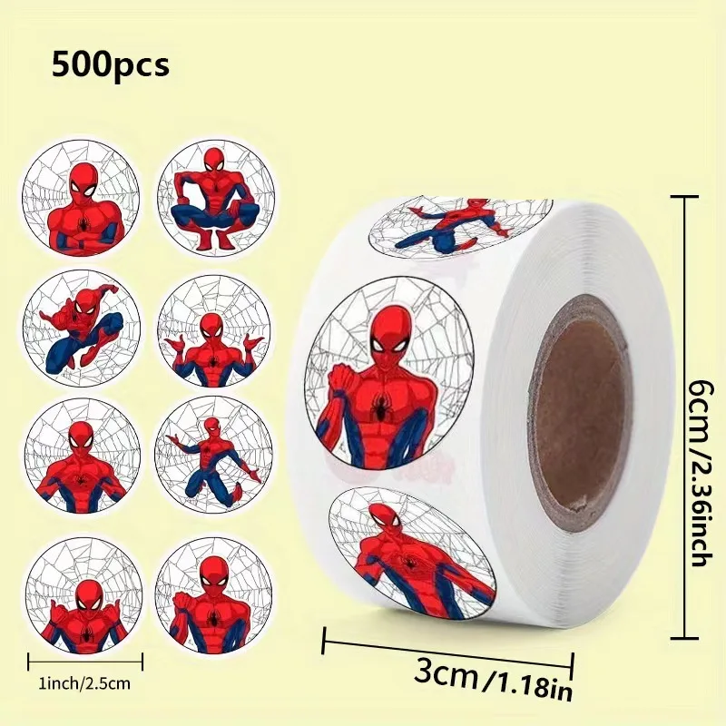 500 Post/roll Spiderman Anime Sticker Round Reward Kids Reward Sticker Anime Cartoon Seal Cute Kawaii Kids Toy Christmars gifts