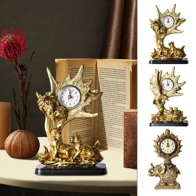 Retro Desck Clock Animal Shape Silen Clock Ornament Alarm Clock Metal Pointer Clock Resin Figurine Novelty Table Clock For Room