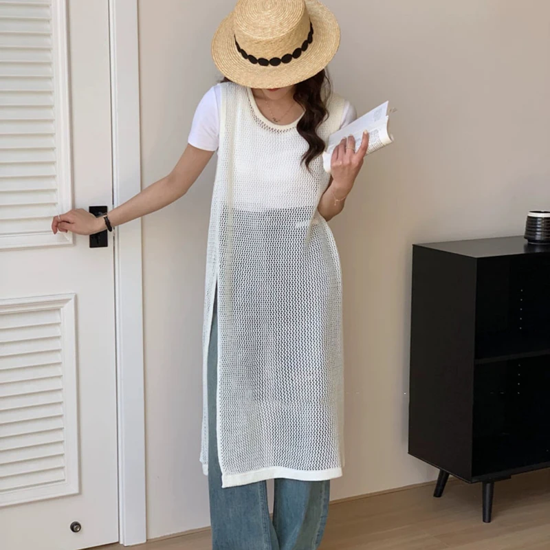 

Women's Summer Loose Long Knitted Vest Skirt Hollow out Hole Slit Svel Dr Commute Sle round Ne Single Piece