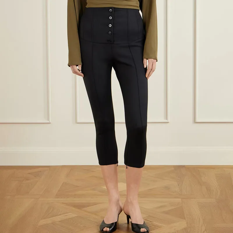 High-waisted button-up tummy-revealing short pants for women - stretchy, form-fitting, slimming, three-quarter length pants