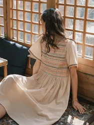 Patchwork Stripe Women Dress O-ncek Short Sleeve Mid-calf Dresses Retro Female Loose Clothing Summer New Dress