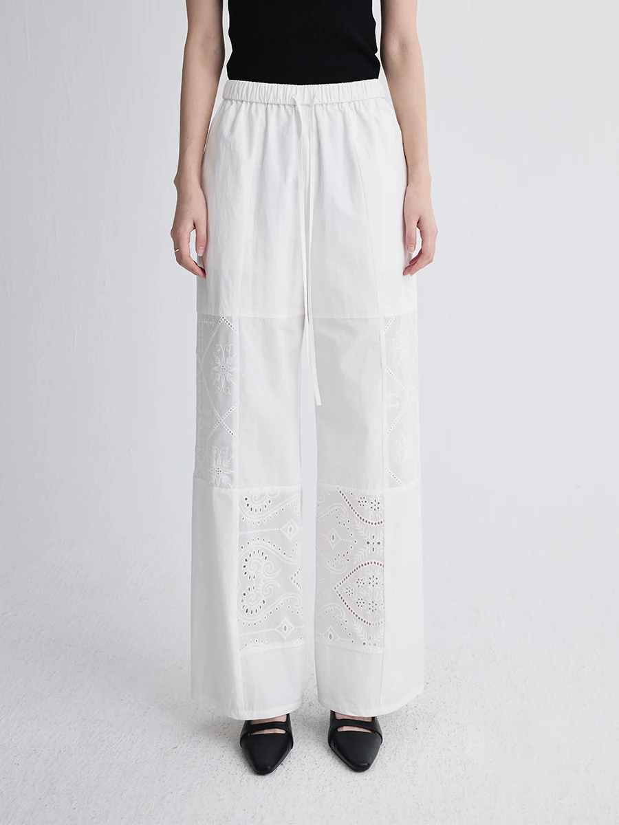 

White Embroidered Straight Leg Pants Original Design Pastoral Style Splicing Long Trousers High Waist Cotton Wide Leg Pants
