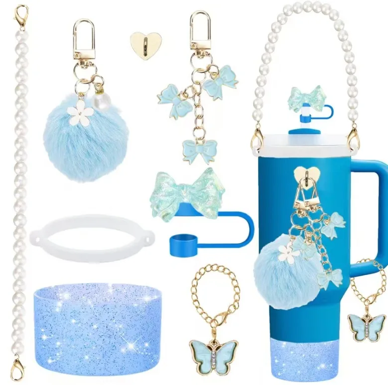 bling hand-made straw cap case Charm chain pendant lot Accessories Initial Keychain Handle for Stanley cup bottle Tumbler