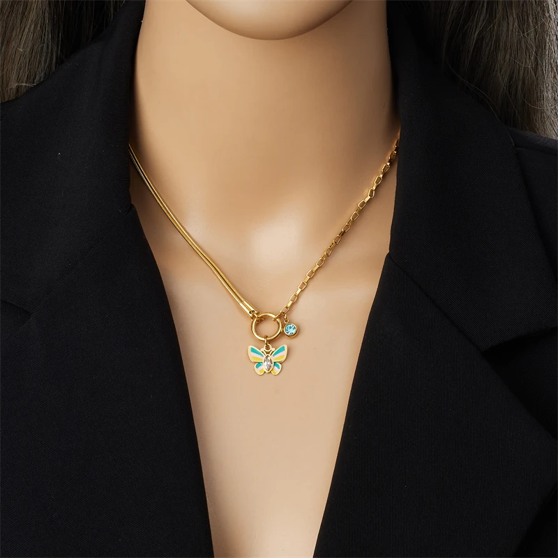 DIEYURO 316L Stainless Steel Colorful Butterfly Splicing Zircon Asymmetric Necklace Earrings Women Trend Non-fading Jewelry Set
