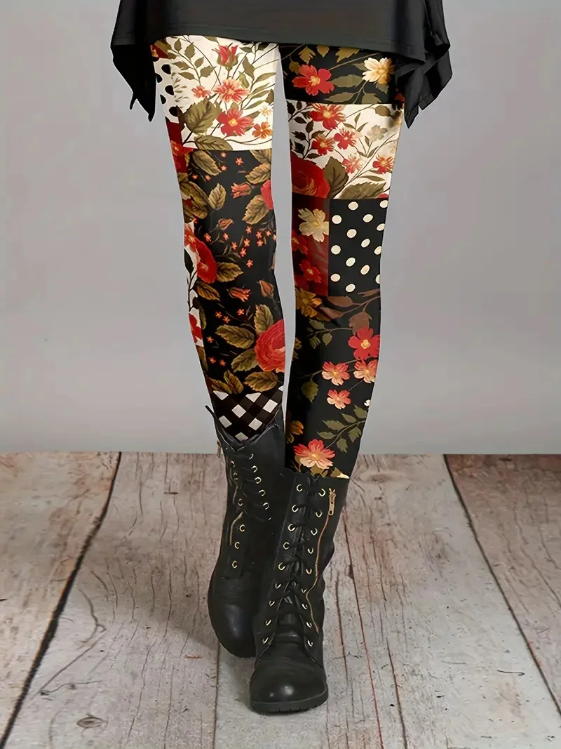 Floral print stretch slimming elastic waist tight casual base women