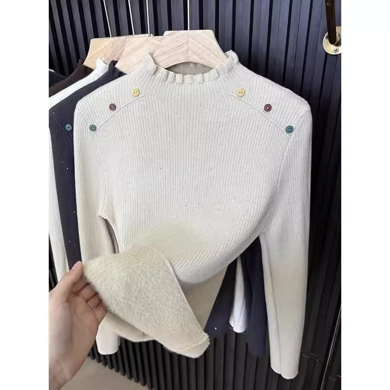 Pull en tricot à col montant une pièce Thiened Color f pour femme, nouveau modèle d'hiver, bouton intérieur