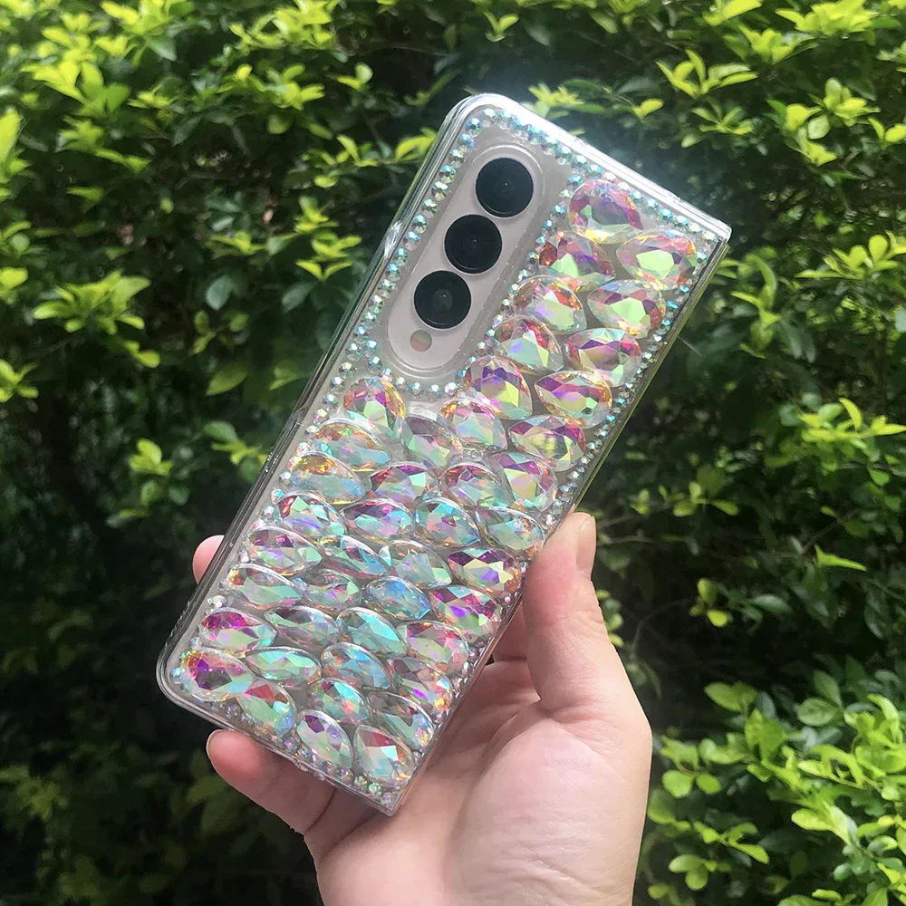 Luxo bling strass caso de telefone para samsung galaxy z fold 5 4 3 2 diy colorido gota de água diamante claro duro pc capa traseira