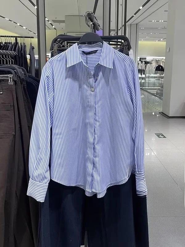 Spring New Casual Stripe Silk Long Sleeve Collar Women's Shirt Versatile Loose Fit Regular Length Premium Quality Fashionable