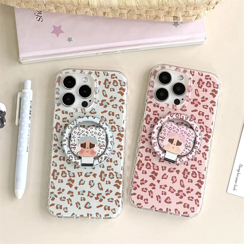 

Luxury Leopard Print Magnetic Phone Case For iPhone 16 Pro 15 14 Pro Max Back Cover with Cute Stand Holder Cases for Magsafe