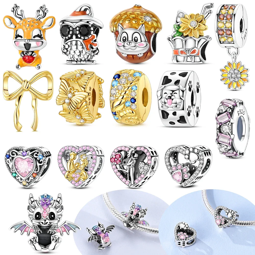 

Exquisite Original Charms 925 Silver Love Heart Couple Gold Bowknot Fixed Clasp Deer Beads Fit Bracelet Women Jewelry Diy Gifts