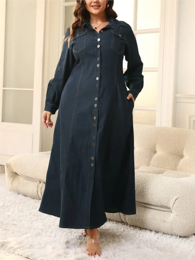 Plus Size Denim Winter Long Ruffle Pleated Dress Women Long Sleeve Fashion Ladies Dresses Loose Casual Woman Shirt Dress 2023