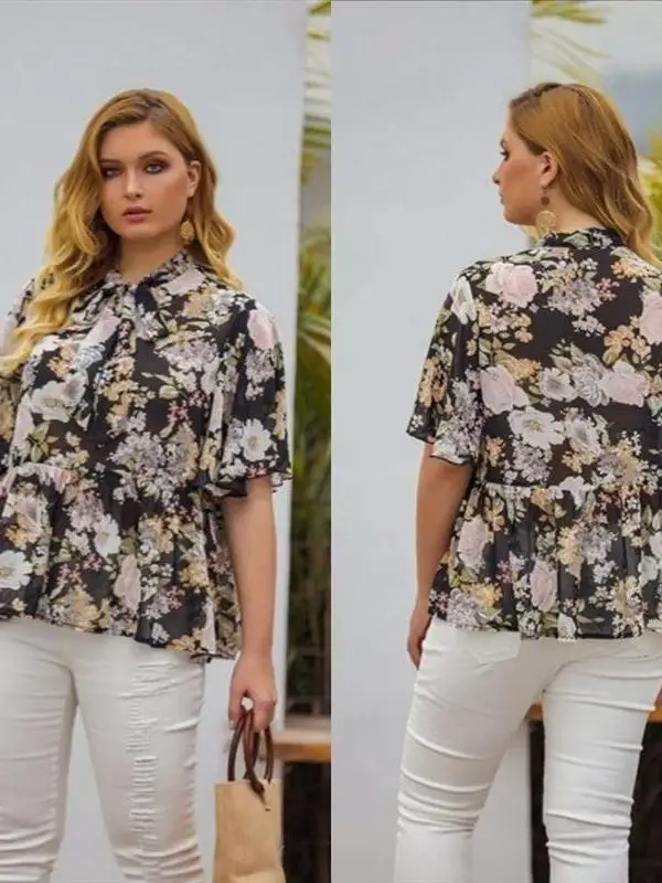 

Floral Printed Chiffon Blouse Summer Shirt for plus Size Women Loose Fit Knot City Walk PVC Material Short Sleeve r...