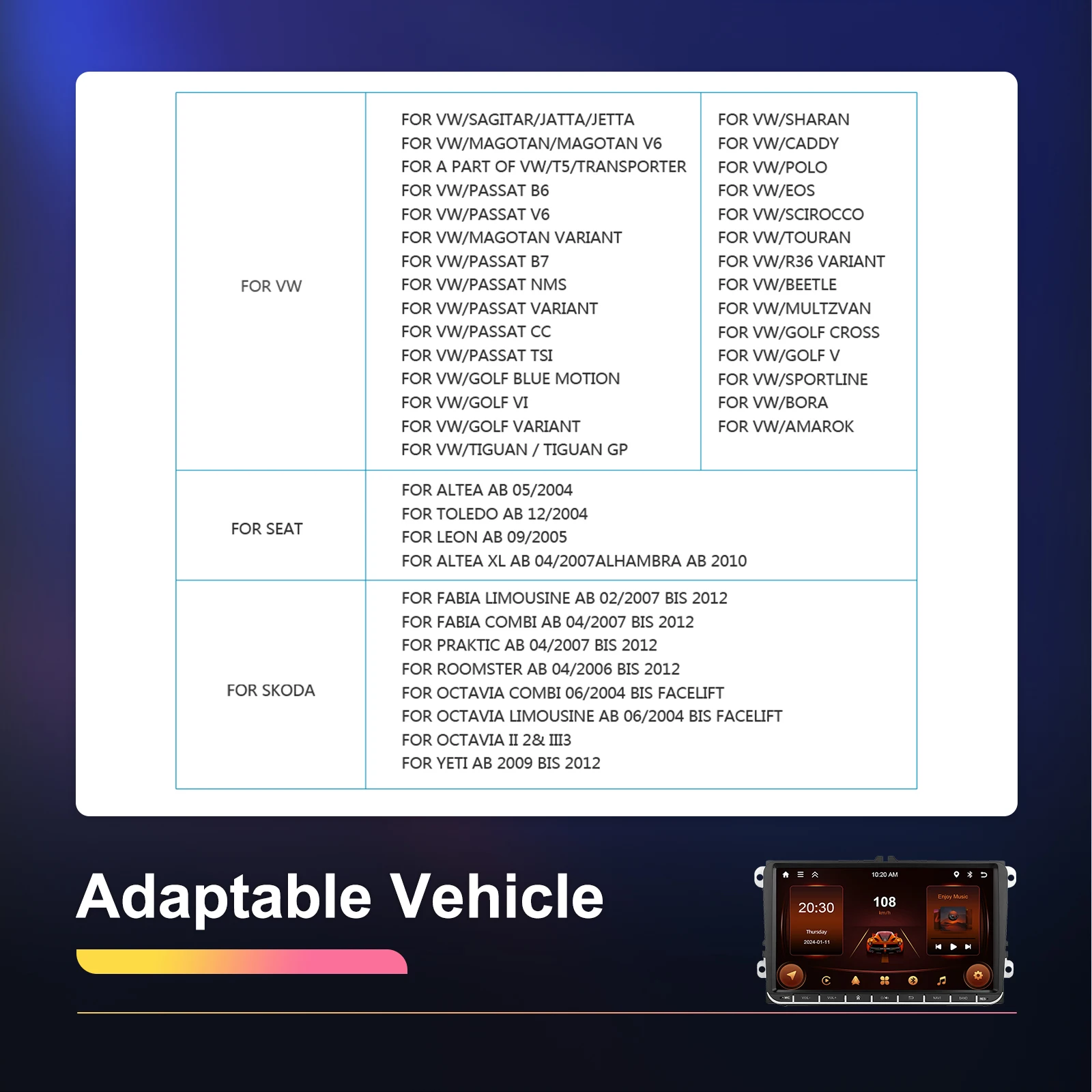 Podofo Android 10 Car Screen Player For VW Seat Skoda Superb Octavia Fabia 9'' Carplay AI 8-core 8+128G Car Radio 4G WIFI TFT