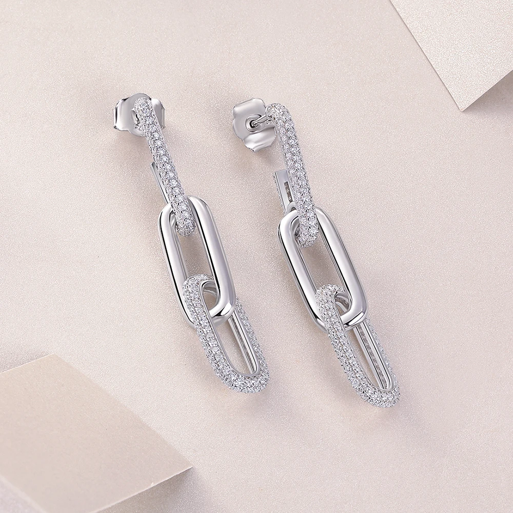 Sweetrain 18k Plated All Moissanite Earrings 925 Sterling Silver Paperclip Link Drop Dangle Earrings for Women Trendy Jewelry