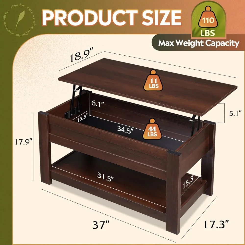 커피 테이블, 39 인치 리프트 탑 커피 테이블, 숨겨진 구획 및 보관 선반, 거실, 레드 다크 브라운, 직사각형 테이블