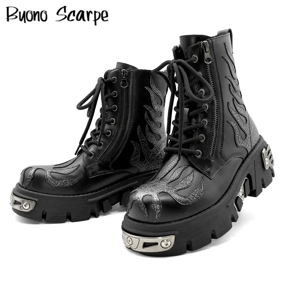 

2025 Punk Style Patchwork Flame Round Toe Thick Sole Platform Chunky Heel Men Women Boots Zipper Large Size Fashion Unisex Shoes