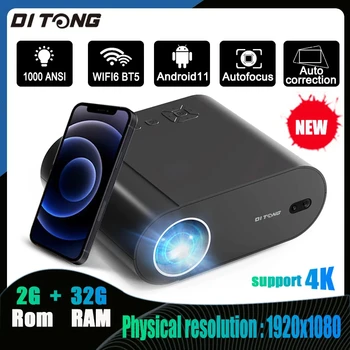 Projektor DITONG 4K z WiFi 6 i Bluetooth Auto Keystone Auto Focus Kino domowe FHD Native 1080P Film zewnętrzny