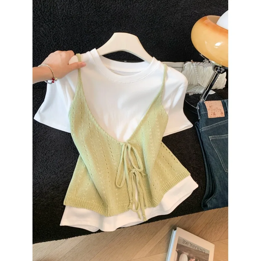 

Sweet Green Knitted Outerwear Top Set Women Summer Elegant Lazy Casual Slimming Short Sleeve T-Shirt Fashionable Ensemble