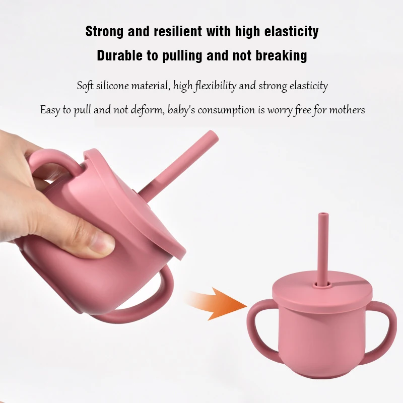 Silicone Feeding Dishes Sucker Bowl Double Handle Straw Cup Stainless Steel Fork Spoon Set Toddler Training Tableware BPA Free