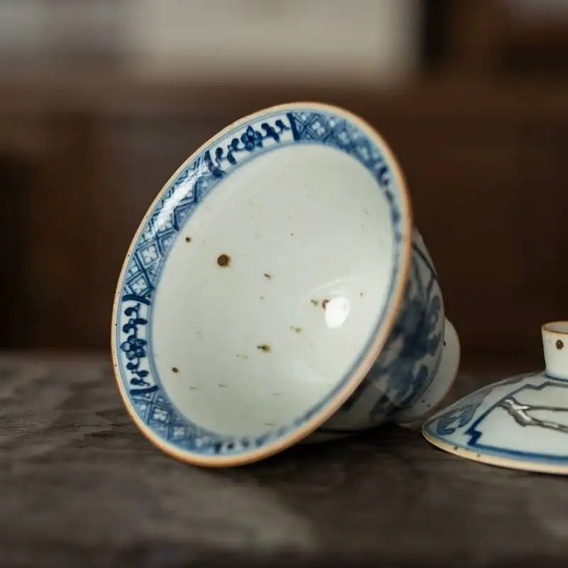 Sacred Mountain X Shanhe's Work, Vintage Blue And White Porcelain, National Trend Hand-Painted Gaiwan, Jingdezhen Ceramic Tea