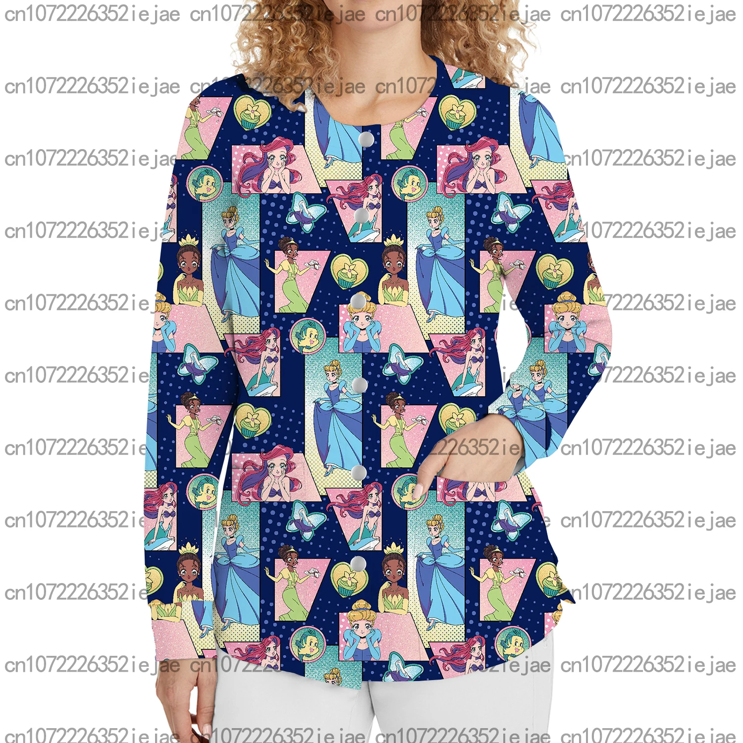 سترة نسائية جديدة لطيف ديزني الكرتون طباعة جولة الرقبة زر متجمد سترة الأسنان الحيوانات الأليفة متجر صالون تجميل ممرضة معطف