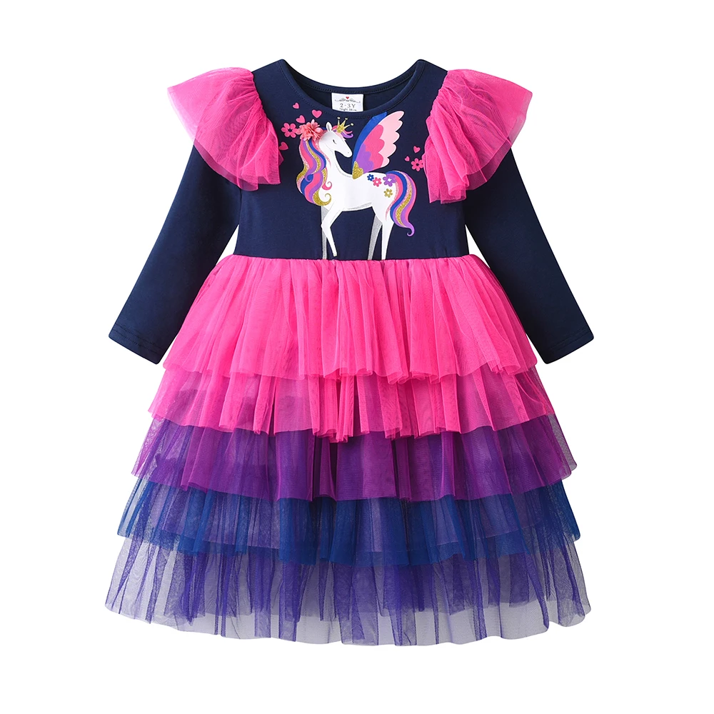 DXTON Baby Mädchen Baumwollkleider Frühling Herbst Kinder Langarm-Kleid Einhorn Kleinkind Festtags-Party Mehrlagiges Tüll-Kleid – Detail 3