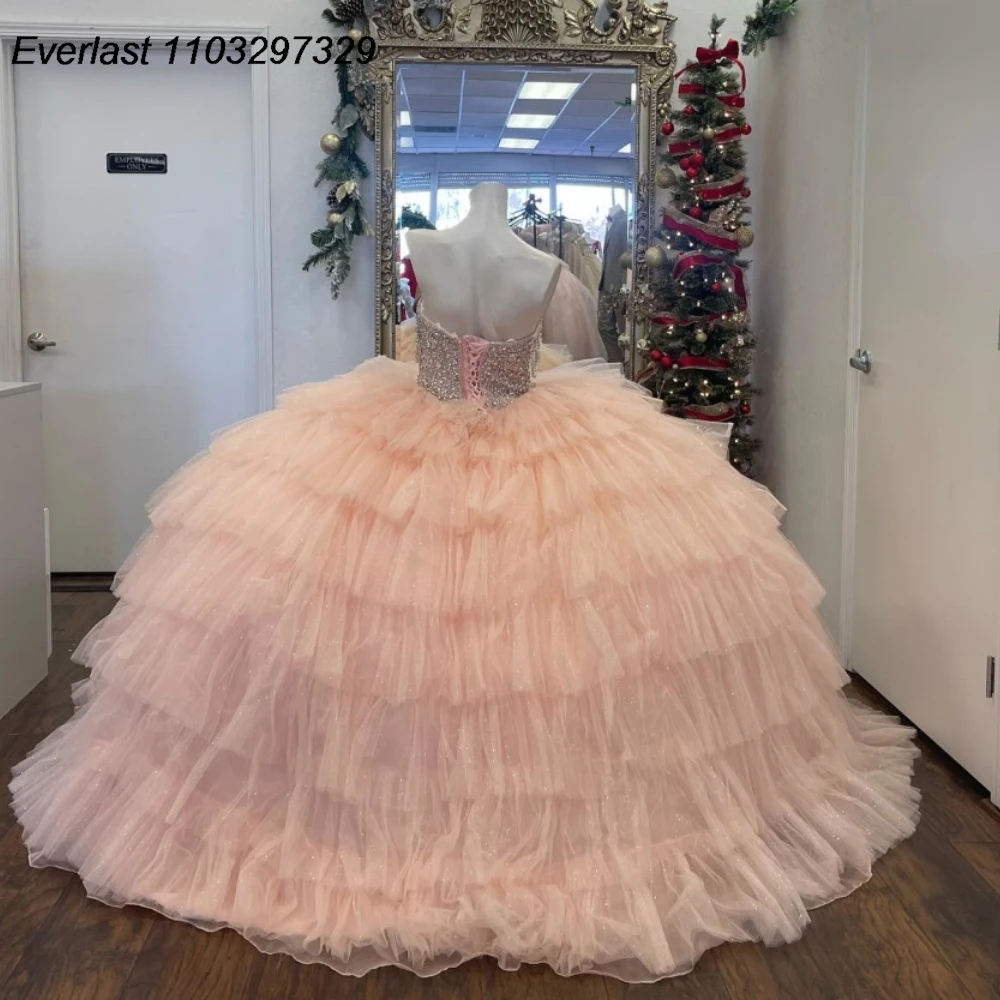 EVLAST Glitter Pink Quinceanera Dress Ball Gown Applique Crystal Beaded Tiered Ruffles Corset Sweet 16 Vestido De 15 Anos TQD997