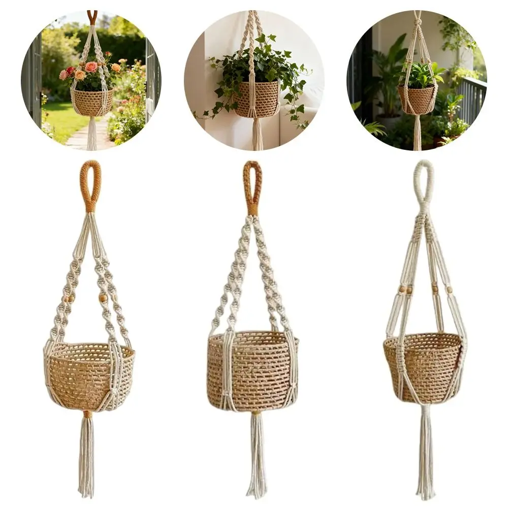 

with Handmade Tassels Macrame Plant Hanger Net Cotton Rope Knotted Lifting Rope Hanging Planter Basket Wall Hanging