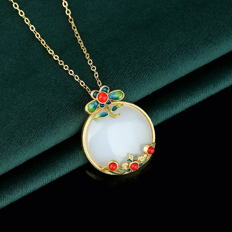 Retro National Trend Imitation White Jade Tian Yu Enamel Cloisonne Flower Branch Pendant Cheongsam Hanfu Versatile Necklace