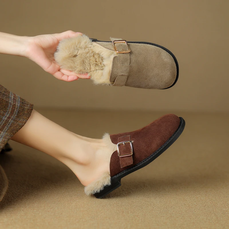 

Women's new winter round head genuine leather cowhide middle heel metal belt buckle, wrapped in warm Mule fur slippers