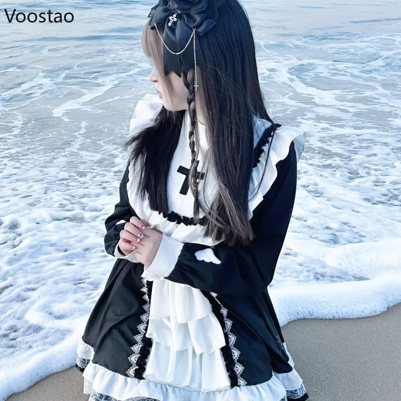 Robe victorienne gothique Lolita OP pour femmes, broderie croisée douce, nœud à volants, robes de princesse pour filles japonaises, robe de soirée Harajuku