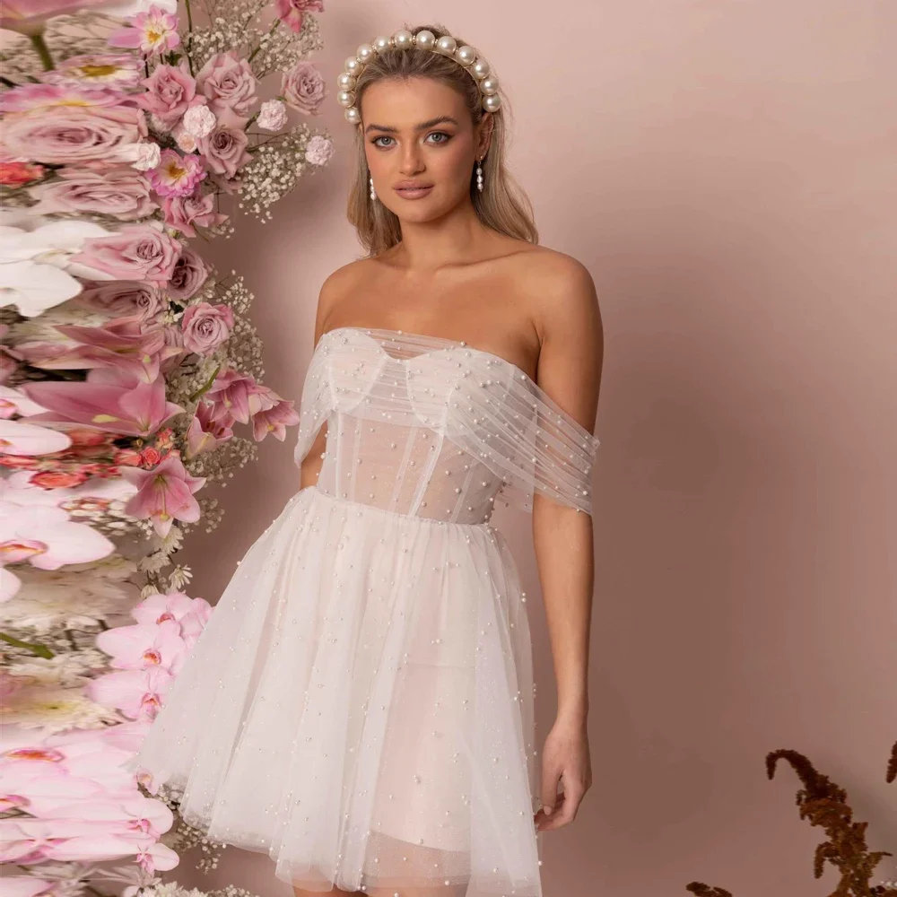 

Classic Strapless Wedding Dresses Off The Shoulder Pearls Bridal Grown Above Knee Illusion Zipper Customized Vestidos De Novia