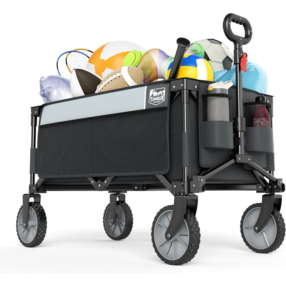 

Collapsible Outdoor Folding Wagon Cart Heavy Duty Camping Patio Shopping Garden Cart with Side Bag Cup Holder, Grey