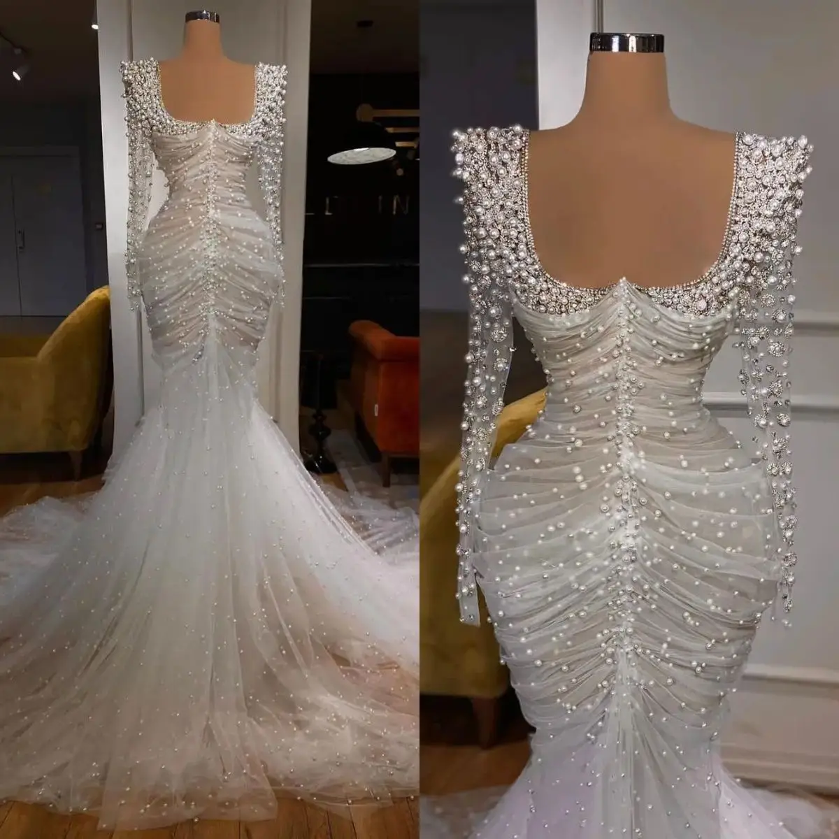 Customized Bridal Gowns Pearls Beaded Mermaid Wedding Dress See Through Long Sleeve Bride