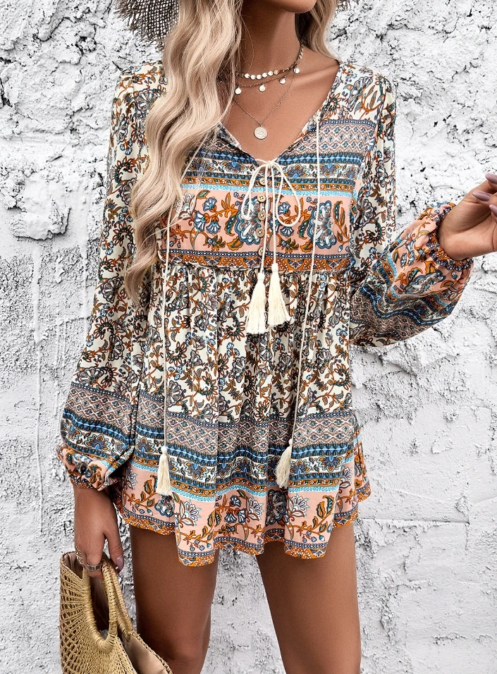 Women's Blouse Tops Fashion Vintage Floral Print V-neck Button Fringe Lace-up Decor Lantern Long Sleeve Loose Fit Tee Top