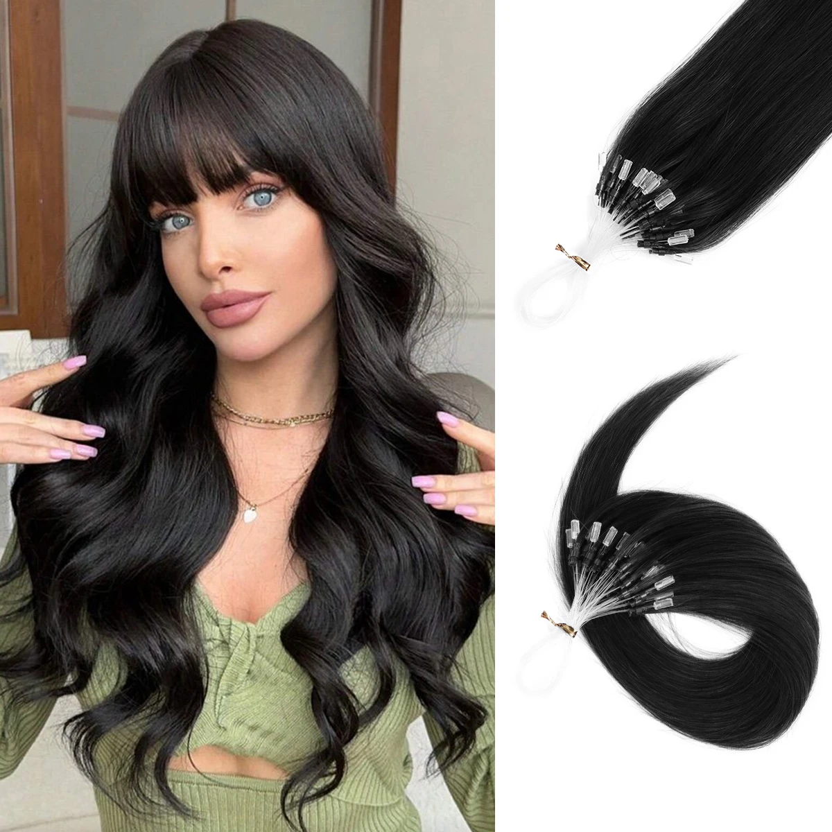 

YWUEXT HAIR Loop Micro Ring Hair Extensions Easy to Install Natural Straight Keration Fishing Line Extension 16-22inch 50g