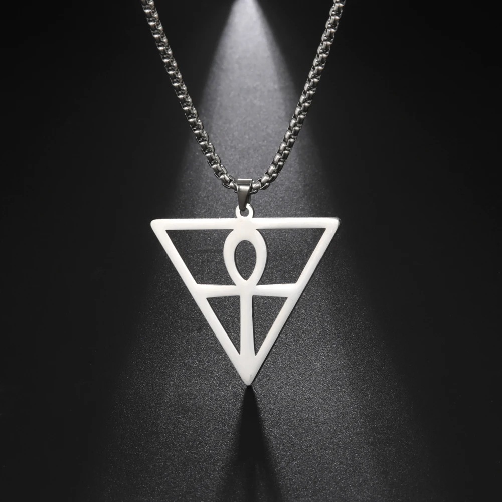 Egyptian Cross Pendant Inside Inverted Triangle Men Necklace Stainless Steel Box Chain Choker for Women Trend Jewelry Gift